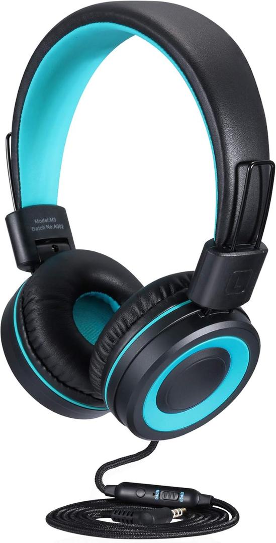M3 Kids Headphones with Microphone Lightweight Foldable Adjustable Stereo Bass On-Ear Headphones with 1.3 M Tangle-Free Cord for smartphons Tablets MP3/4 with 3.5mm Jack Device(Black)