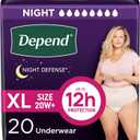 Depend Night Defense Adult Diapers, Incontinence & Postpartum Bladder Leak Underwear for Women, Disposable, Overnight, Extra-Large, Blush, 20 Count, Packaging May Vary