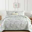 WONGS BEDDING Boho Quilt Set King,Green Paisley Floral Pattern Bedspread Coverlet Set with 2 Pillowcases,3 Piece Lightweight Microfiber Bohemian Quilt Bedding Set 104"90"