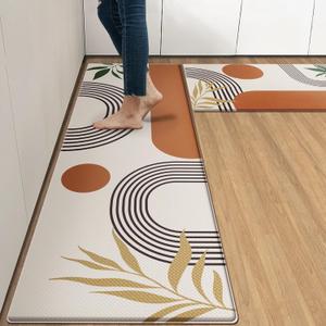 Kitchen Mats for Floor 2 PCS, Anti Fatigue Mat Set, Boho Cushioned Non Slip Waterproof Kitchen Rugs, Wipe Clean PVC Leather Runner for Sink, Laundry, Office, Kitchen Decor 17"x47"+17"x29", Brown, 17.3 X 47 Inch + 17.3 X 29 in