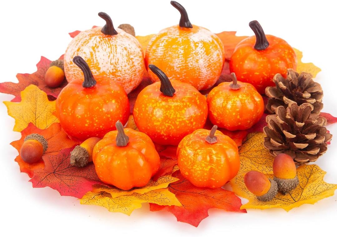 HANSGO 50 PCS Artificial Pumpkins Set Fall Decorations, Fake Pumpkins, Pinecones Acorns and Maple Leaves for Harvest Decorating Thanksgiving Table Decor