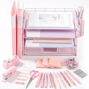 Kosiz 21 Pcs Pink Desk Organizer Pink Office Accessories 4 Tier File Organizer with Drawer Stapler Tape Dispenser Sticky Note Clips Pen Highlighter Scissors Aesthetic Accessories for Office Supplies