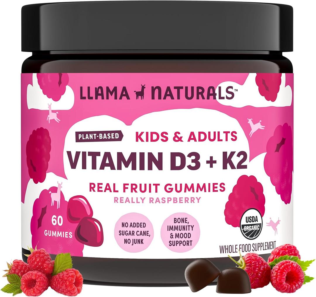 Llama Naturals Vitamin D3, Vegan, Organic Immune Support Supplement, Vitamin D Gummies for Adults and Kids, Real Fruit Gummy Vitamins, Promotes Bone Health, No Added Sugar Cane, Raspberry, 60 Ct, Best By 10/2027
