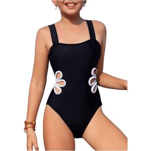 SHENHE Girl's Colorblock Cut Out One Piece Swimsuit Beach Sports Swimwear Bathing Suit Black 10Y