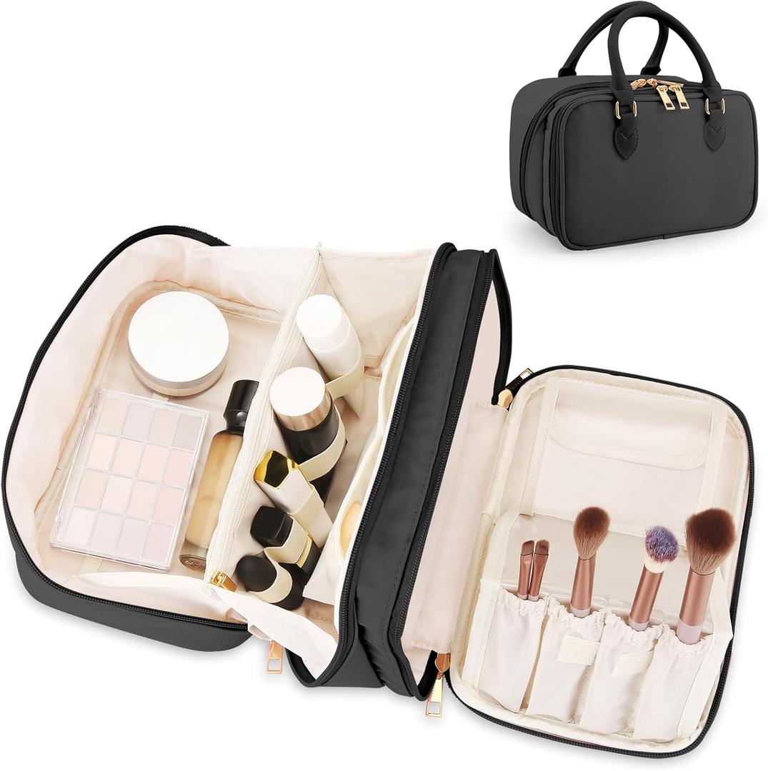 Travel Makeup Bag for Women Fashion Large Capacity Pouch Open Flat Cosmetic Portable Organizer Waterproof Large Opening Storage Toiletry Bags Vertical Free-Standing Brush Holder for Easy Access Black