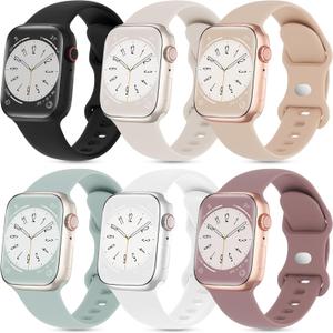 6 Pack Silicone Sport Bands Compatible with Apple Watch Band 38mm 40mm 41mm 42mm 44mm 45mm 46mm 49mm Women Men, Soft Strap Waterproof Wristband for iWatch Series 10 9 8 7 6 5 4 3 2 1 Ultra SE (Black/Starlight/Milk Tea/Succulent/White/Smoke Violet)