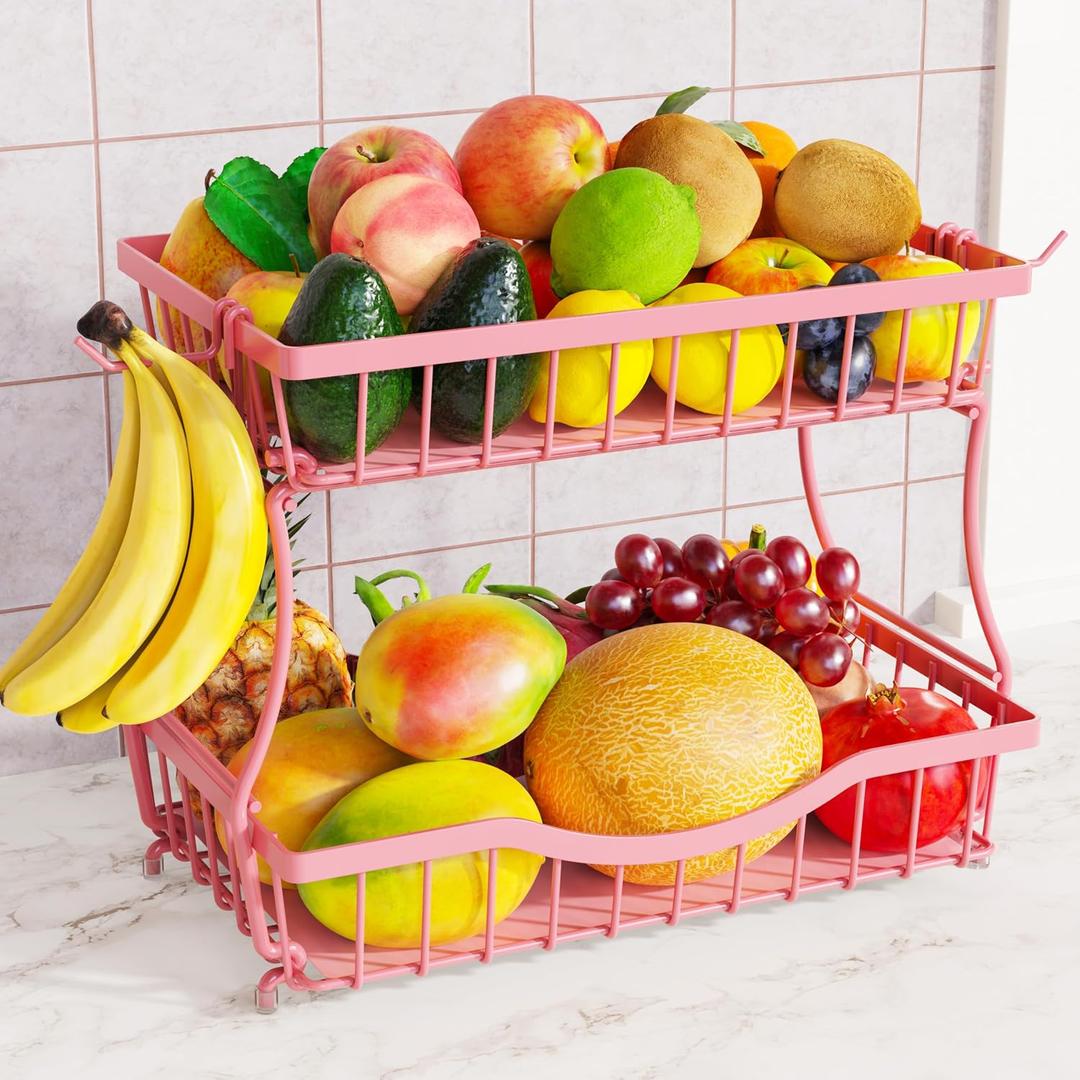 Pink 2 Tier Large Fruit Basket for Kitchen Counter with 2 Banana Hangers, Metal Fruit Bowl for Onion Vegetable Bread Snack, Countertop Organizer 14.5" W x 9.5" D
