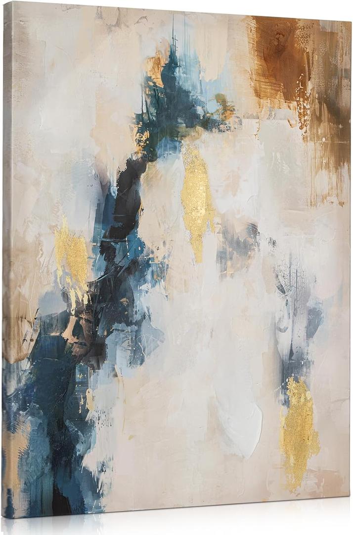 Briful Abstract Canvas Wall Art - Indigo, White, Gold - Modern, Living Room & Bedroom - 20'' x 28'' (Blue)