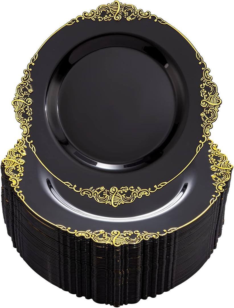 Nervure 100PCS Black Gold Plastic Plates - 7.5 inch Black Plastic Plates with Gold Rim - Disposable Black Gold Dessert Plates for Wedding & Party & New Year (7.5inch)