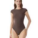 SUUKSESS Women Backless Y2k Short Sleeve Bodysuit Double Lined Boat Neck Open Back Sexy Basic Top (Mocha, M)