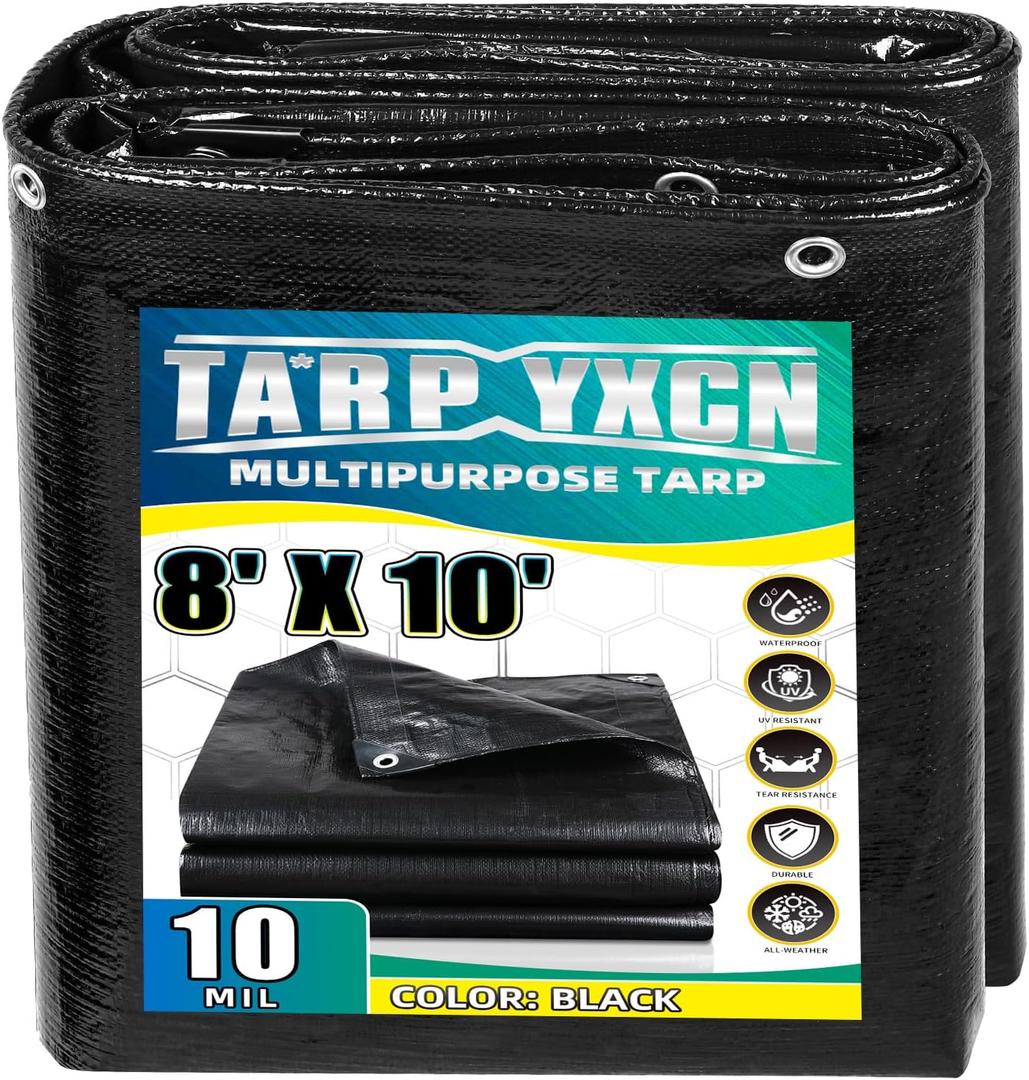 Black Tarp 8x10 Feet, 10 Mil Thick Waterproof Poly Tarps Cover UV Resistant, Rip & Tear Proof with Metal Grommets Every 20 Inches
