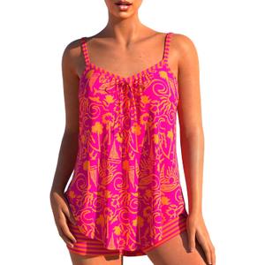 MODLILY Two Piece Flowy Tankini Swimsuits for Women, Graffiti Print Curved Hem Tank Top with Boyshorts (Pink, L)