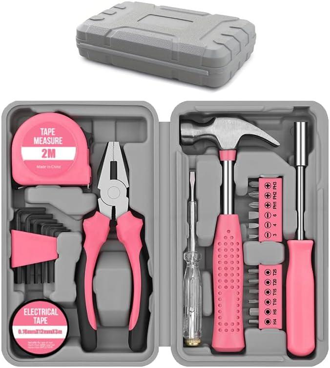 24Pcs Pink Home Repair Tool Kit for Women - Compact Mini Starter Hardware Set with Hammer, Pliers, Screwdrivers - Portable Household Hand Tools, Ideal Christmas & New Year Gift for Ladies