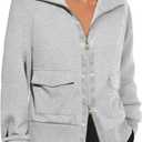 Fisoew Women's Zip up Sweatshirt Collared Neck Long Sleeve Loose Casual Lightweight Jacket with Pockets (Large, Grey)