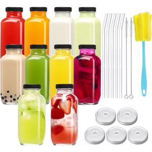 Accguan Vintage Water Bottles with Lids,8oz Reusable Glass Drinking bottles for Juicing,Hot Sauce,Kombucha,Ginger Jar,Potion,Oil,Milk Bottles,Whiskey,Portable Travel Bottle,Smoothies Bottles(9 pack)