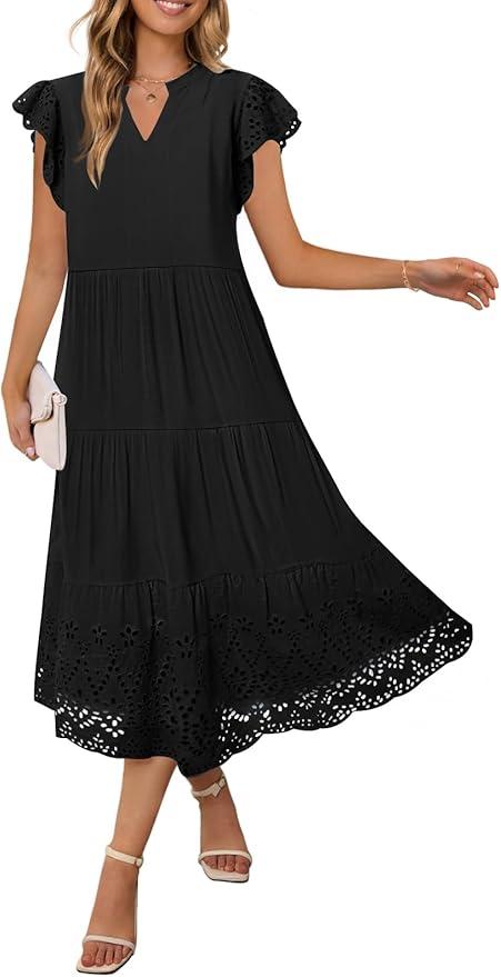 MEROKEETY Women's 2025 Summer Short Sleeve Midi Dress V Neck A-Line Ruffle Tiered Eyelet Casual Dresses, Large