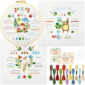 HAND U JOURNEY Beginner's Embroidery Kit - 28 Stitch Techniques, Stamped Flower and Mushroom Patterns, Hoop, Threads, Needles, Instructions & Video - Ideal for Beginners