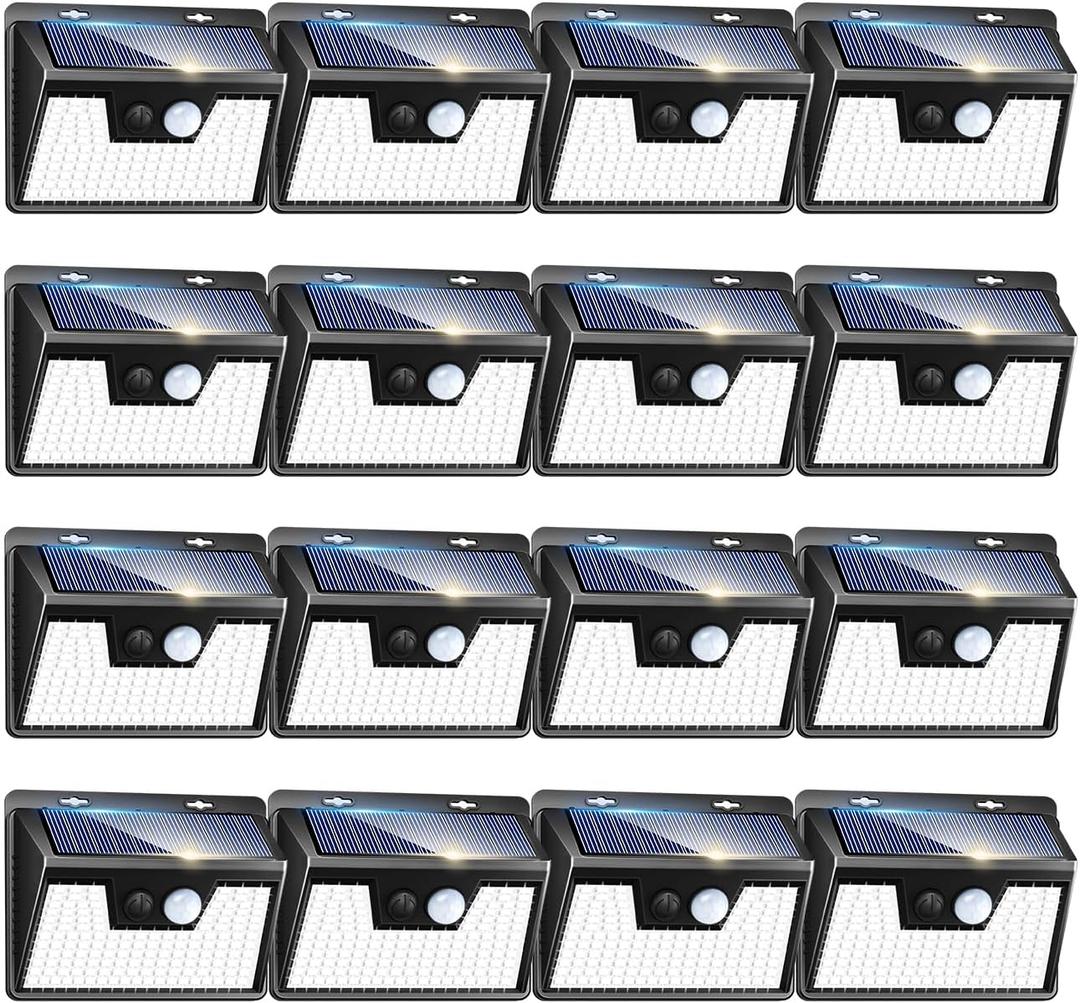Peasur Solar Powered Lights Outdoor, 140LED 16Pack Motion Sensor Light Outside, IP65 Waterproof Fence Security Lighting with 3 Modes for Yard Wall Garden, Cool White 
