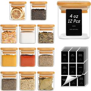 ComSaf 12Pcs Spice Jars with Labels, Glass Jar with Bamboo Lid, 4oz Airtight Square Spice Containers with Black Lables, Empty Seasoning Jars for Spice, Salt, Pepper, Sugar