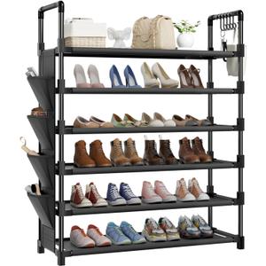 Mavivegue 6 Tier Shoe Rack for 25-30 Pairs of Shoes,Metal Shoe Rack with Hook and Side Pocket for Closet,Entryway,Hallway,Dorm (6 Tier with Hook)