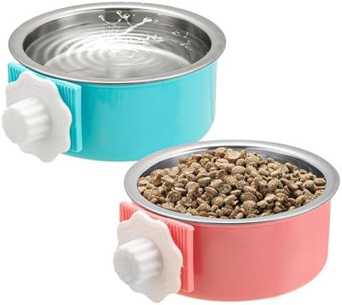 Mechpia 2 Pieces Crate Dog Bowl, Removable Stainless Steel Pet Kennel Hanging Food Water Feeder Bowl Cage Coop Cup for Puppy Medium Dog Cat Rabbit Ferret Bird (Blue,Red)