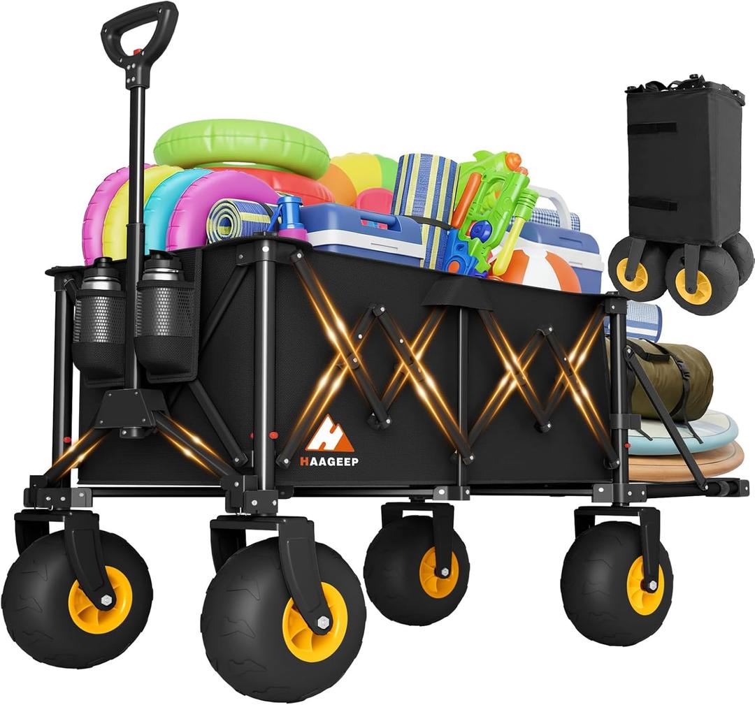 Heavy Duty Beach Wagon with Big Wheels for Sand, 10" Wheel Collapsible Wagons Foldable Large Wagon Cart Folding All Terrain for Camping (Black)