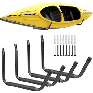 WALMANN Lightweight Kayak Storage Rack, Wall Mount Kayak Hooks for Garage Utility Storage Hangers for Canoe, Surfboard, Skiis, Snowboard, Paddle Board, Ladders (Large, Black-Pack of 4)
