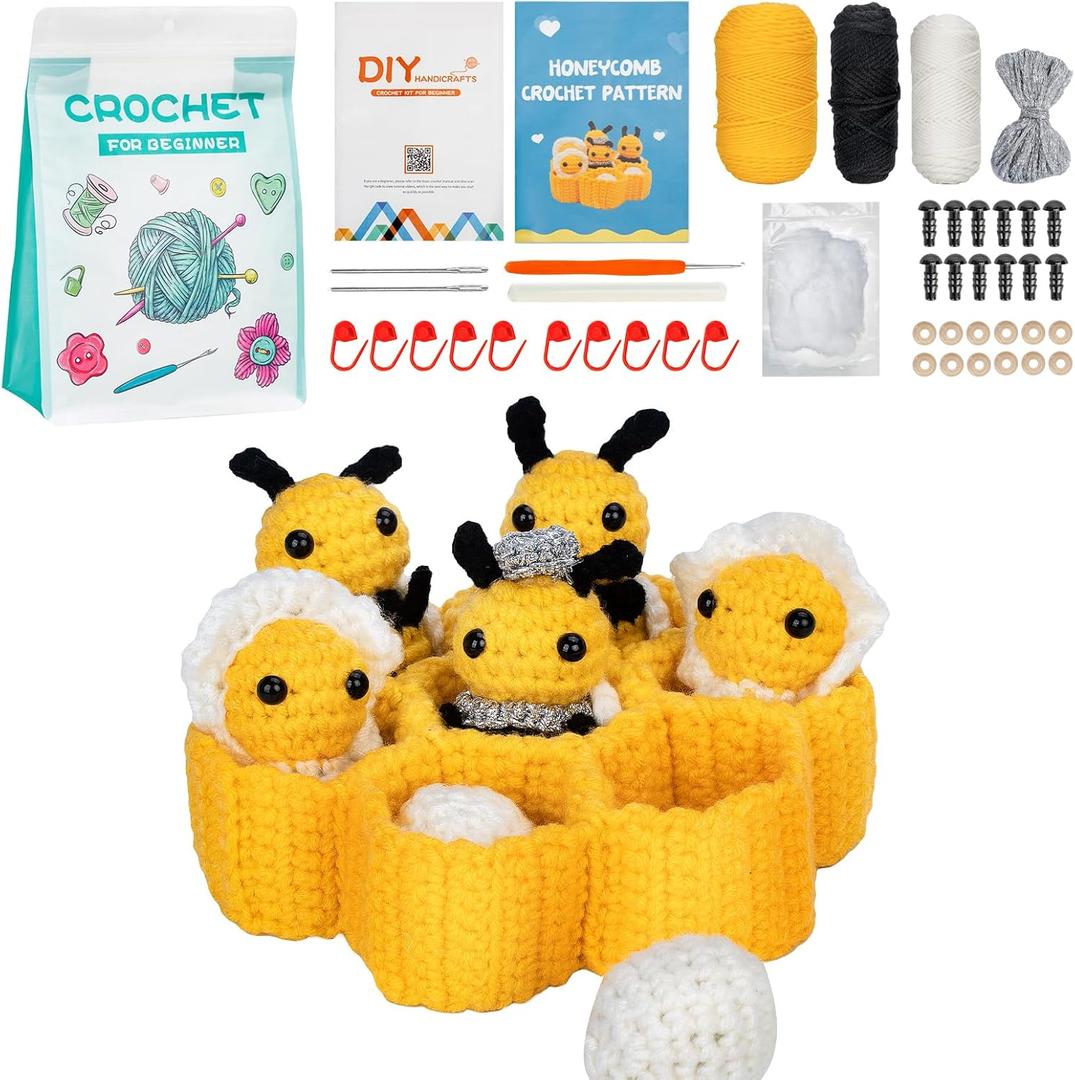 PADONISE Crochet Kit for Beginners, Bee Knitting Set, Crafts for Adults Kids Teen, Beginner Crochet Kit with Step-by-Step Video Tutorials, Valentine Gift for Girls 8-12 Women Mom
