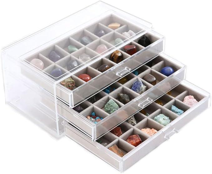 Rock Collection Display Case - 54 Slot Crystal Display Box, Acrylic Rock Display Shelf | 3-Tier Gemstone Organizer Box for Minerals, Shells, Miniatures & Souvenirs, Clear Display Case for Collectibles