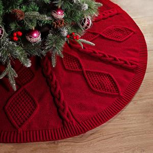 48 Inch Christmas Tree Skirt: Diamond Braided Cable Knit Tree Skirt for 7.5FT Tree, Wine Red Tree Skirt, Vintage Tree Skirts, Rustic Farmhouse Christmas Decorations