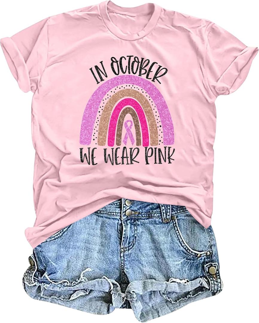 Breast Cancer Shirts for Women: in October We Wear Pink Tshirt Breast Cancer Awareness Tees Rainbow Ribbon Tops (Pink, M)