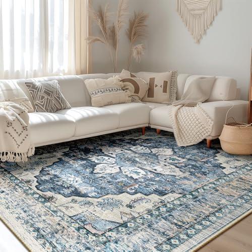 BESTSWEETIE Blue Vintage Area Rug, 9x12 Chenille, Machine Made, Washable, Indoor, Floral Pattern, Living Room