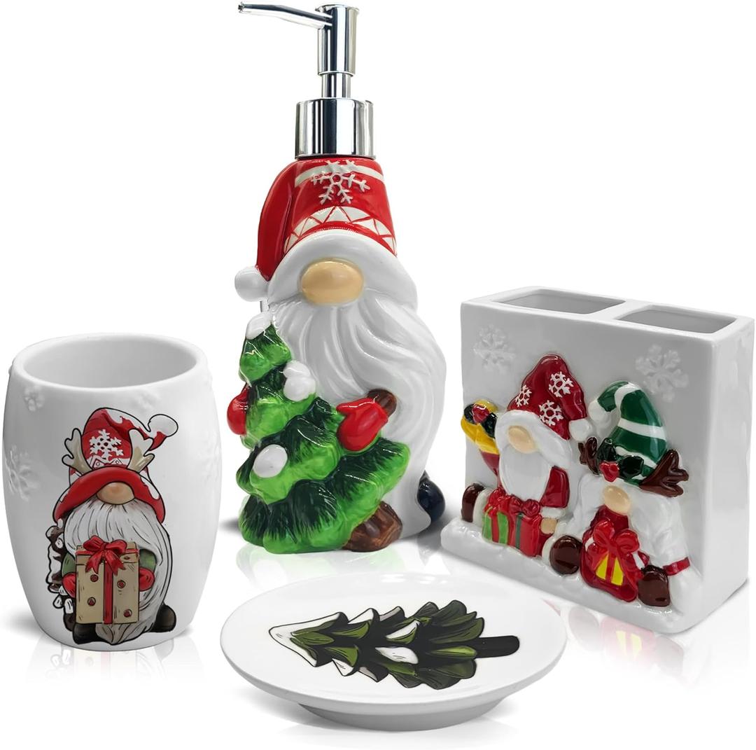 Christmas Bathroom Decor Set, Christmas Gnomes Bathroom Decor, Gnome Toothbrush Holder Set, Gnomes Tree Soap Dish Accessories