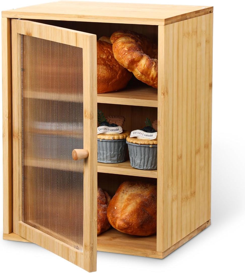 LemonRoad Bamboo Bread Box Large Capacity 3-layer Bread Box Kitchen Countertop Pastries Container with Corrugated Acrylic Door Wooden Housewarming Pantry Storage for Farmhouse Fruits Tea Spices Coffee