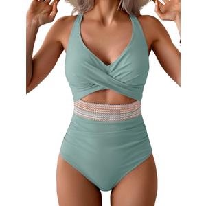 B2prity One Piece Swimsuit for Women Tummy Control V Neck Bathing Suit Color Block High Waisted Cutout Swimwear (Large, Light Green)