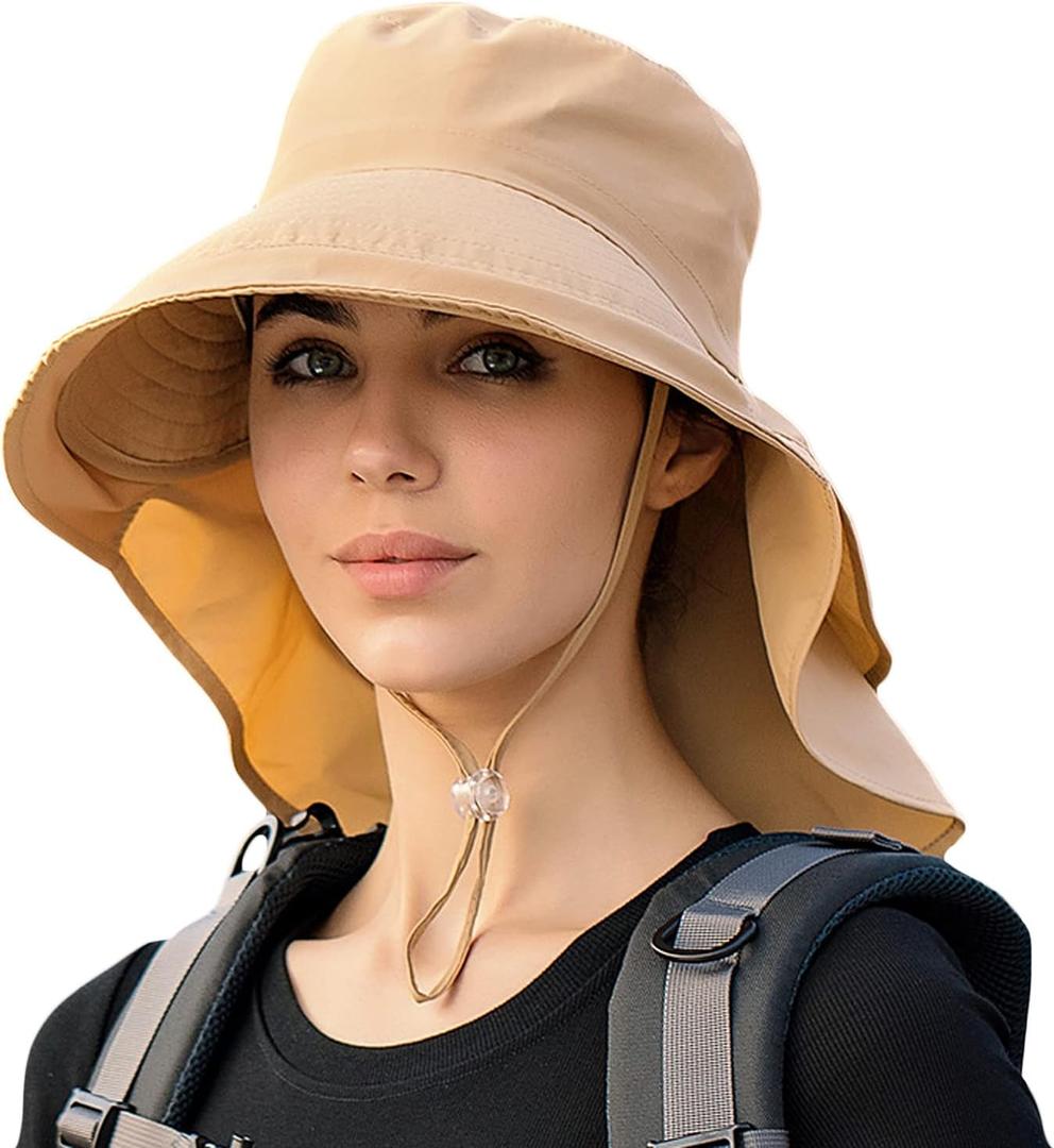 Packable Extra Large Brim Floppy Sun Hat Reversible UPF 50+ Beach Sun Bucket Hat (A-Khaki)