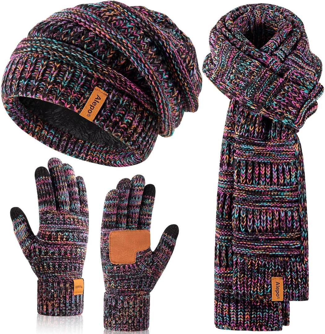 Winter Beanie Hat Scarf Gloves Set for Women, Slouchy Beanie Long Scarf Touchscreen Gloves, Warm 3 in 1 Christmas Gift Set