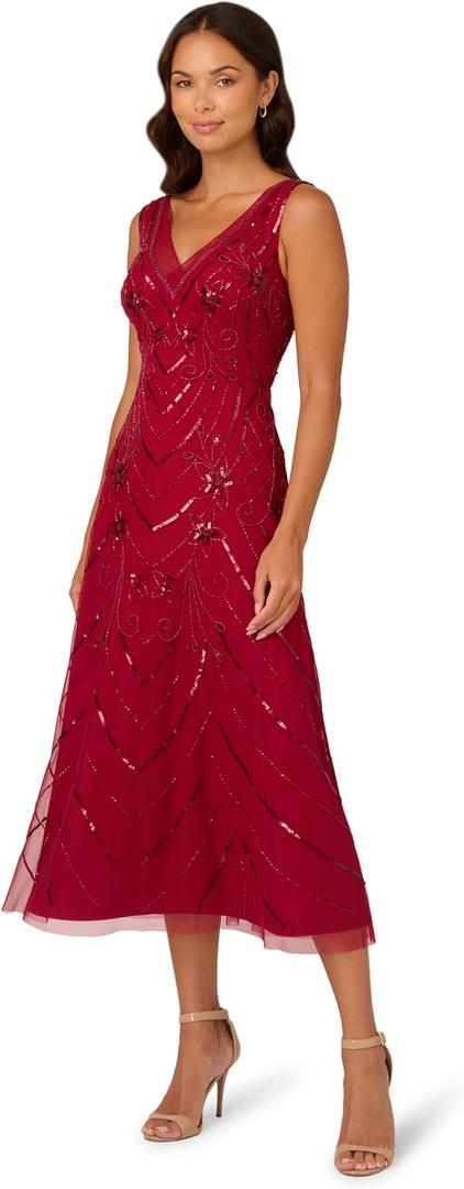 Adrianna Papell Beaded Mesh Dress (Red, M)