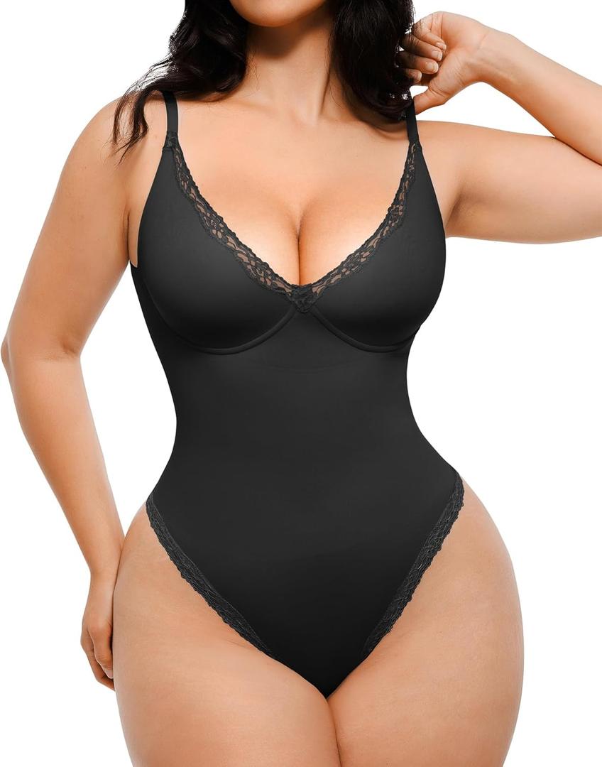 SHAPELLX Shapewear Bodysuits for Women Tummy Control Lace Body Suits V Neck Sleeveless Bodysuit Tops Underwire Corset (Medium, Black)