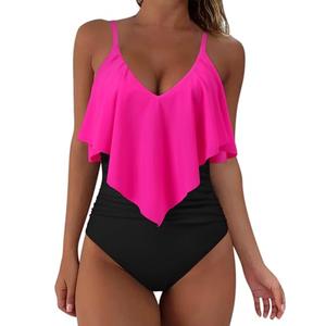 SUUKSESS Women Slimming Ruffle One Piece Swimsuits Ruched Tummy Control Bathing Suits (Hot Pink Black, Large Size)