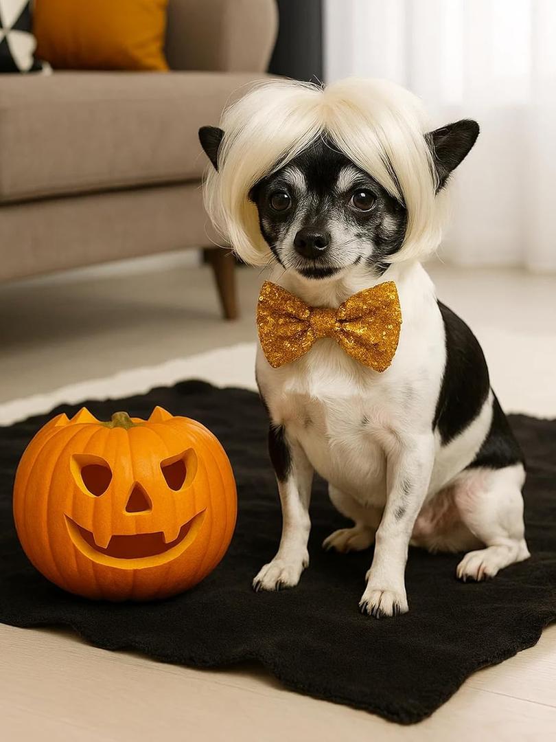 Swooflia Dog Cat Wig - Blonde Short Andy Pet Wigs for Small Large Medium Breed Dogs, Halloween Cosplay Costume Accessories for French English Bulldog Weiner Weenie Dachshund Corgi Pug Chihuahua Puppy