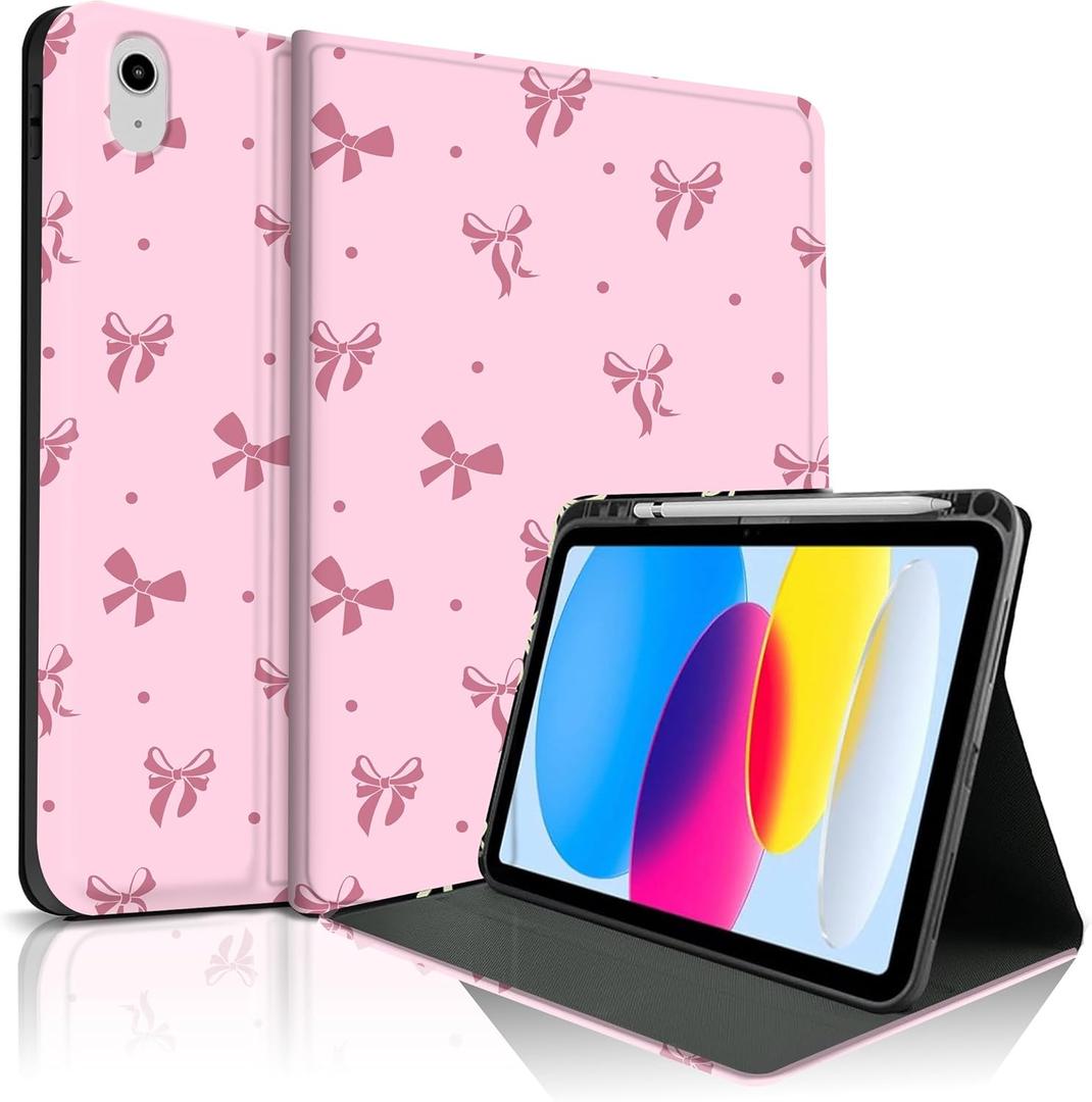 Case for iPad 11th (A16) 11-inch 2025 /10th Generation 10.9-inch 2022, Butterfly Polka Dot Cute Stylish Chic Design Protective with Pencil Holder Anti-Slip Anti-Shock, Large Bow - Pink