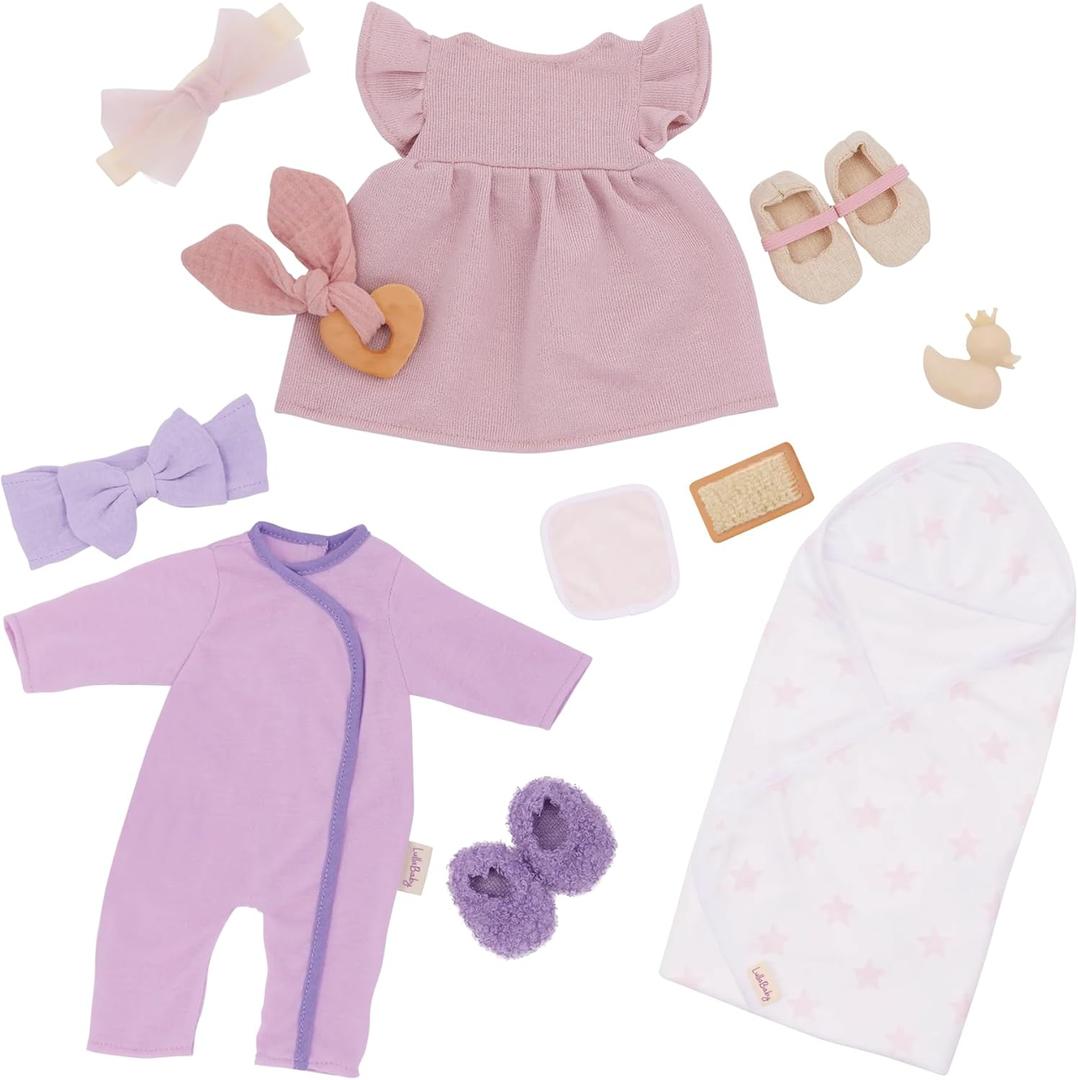 LullaBaby  13 Pieces Fashion Set  14-Inch Baby Doll Clothes  Pajama, Dress & Bath Accessories  Pretend Play 2+ Years Baby Doll Clothing Set