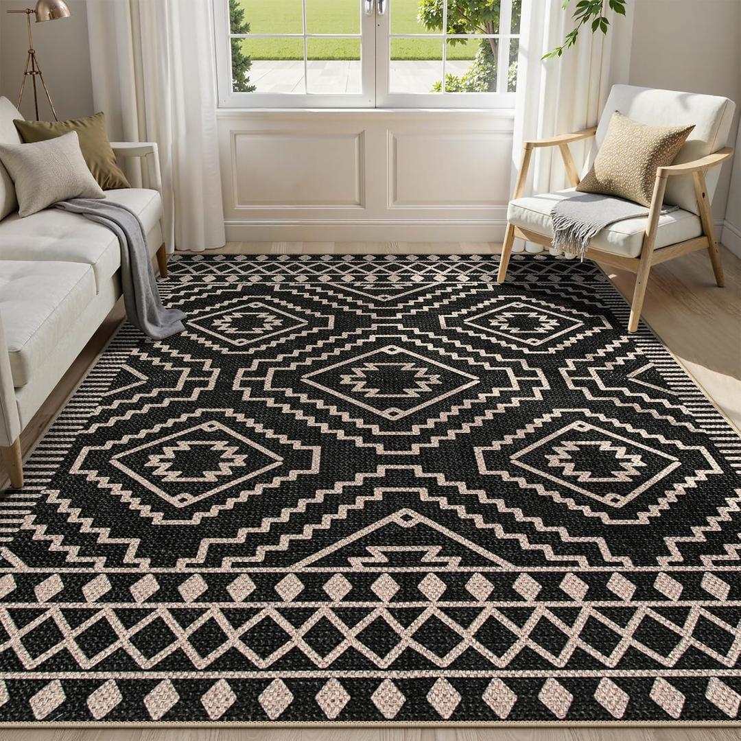 Lahome Bijou Moroccan Easy Jute Carpet, 5x7 Washable Rugs for Living Dining Room Indoor Outdoor Patio Rug, Farmhouse Non Slip Non Shedding Natural Black Carpet for Deck Backyard Entryway Classroom