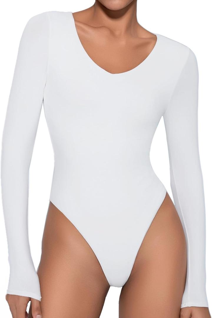 Avidlove Bodysuits for Women Long Sleeve V Neck Body Suit Bodysuit Double Lined Thong Body Suits Sexy Tops (Large)