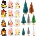 Kasyat 36 Pcs Christmas Village Houses Figurines Decoration Set 12 White Pink Lighted LED Christmas Village Houses with 24 Mini Xmas Trees 6 Color for Xmas Town Colorful Scene Desk Decor