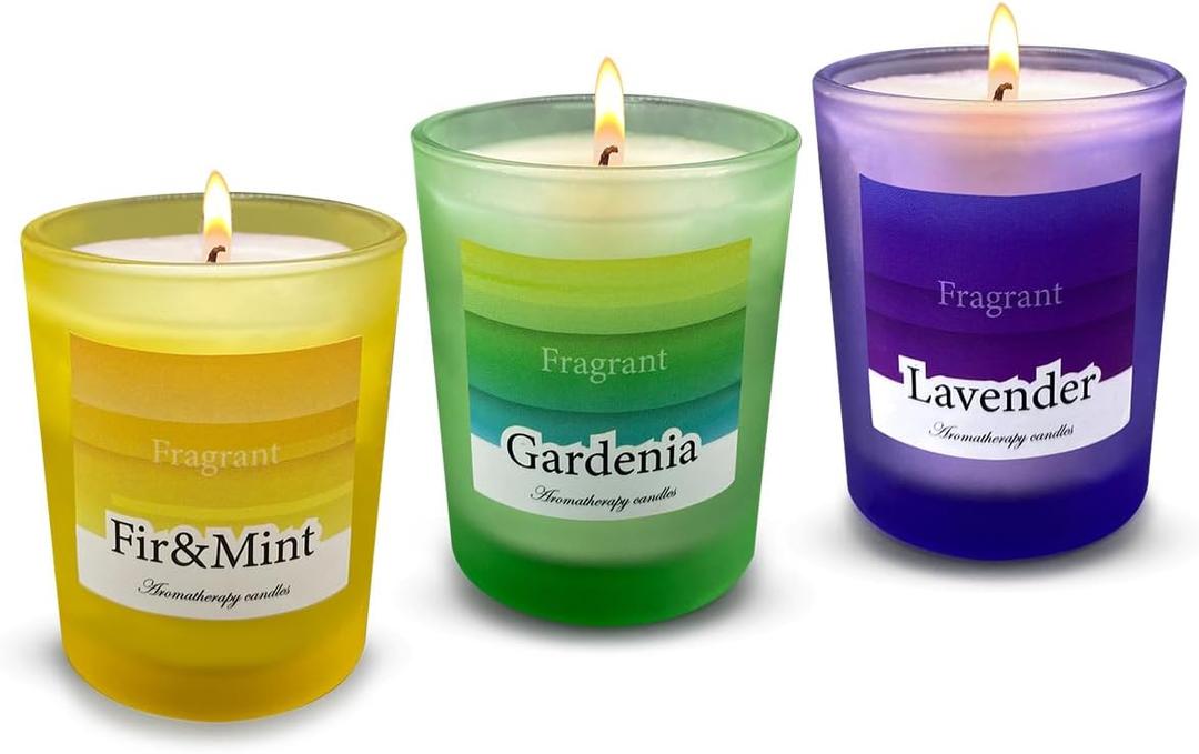 3-Pack Scented Candle Set - Lavender, Gardenia, Fir & Mint - Multi Color Jar Candles, Aromatherapy Soy Wax, Natural Long-Lasting Candles for Home, Relaxation, Gifts, and Meditation (Purple Yellow Green)