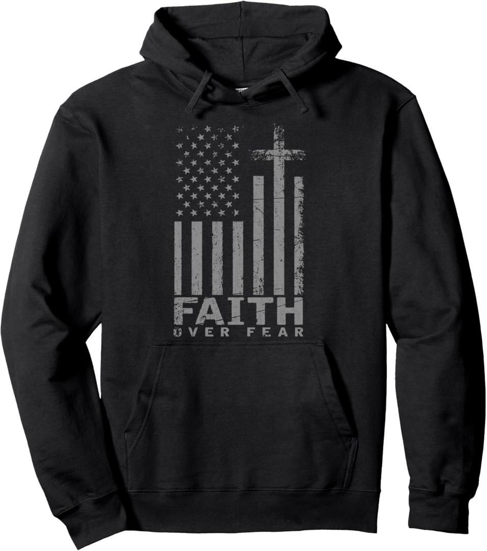USA Flag Patriotic American Gift Faith Over Fear Prayer Pullover Hoodie, Black, S