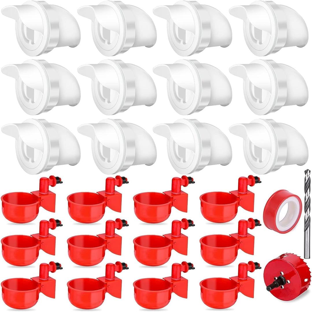 12 Pcs Chicken Feeder Kit and 12 Pcs Water Cup Kit, Gravity Poultry Waterer Cup and Poultry Feeder Port Set with Hole Saw and Sealing Tape, Chicken Feeder No Waste for Duck Bird Quail