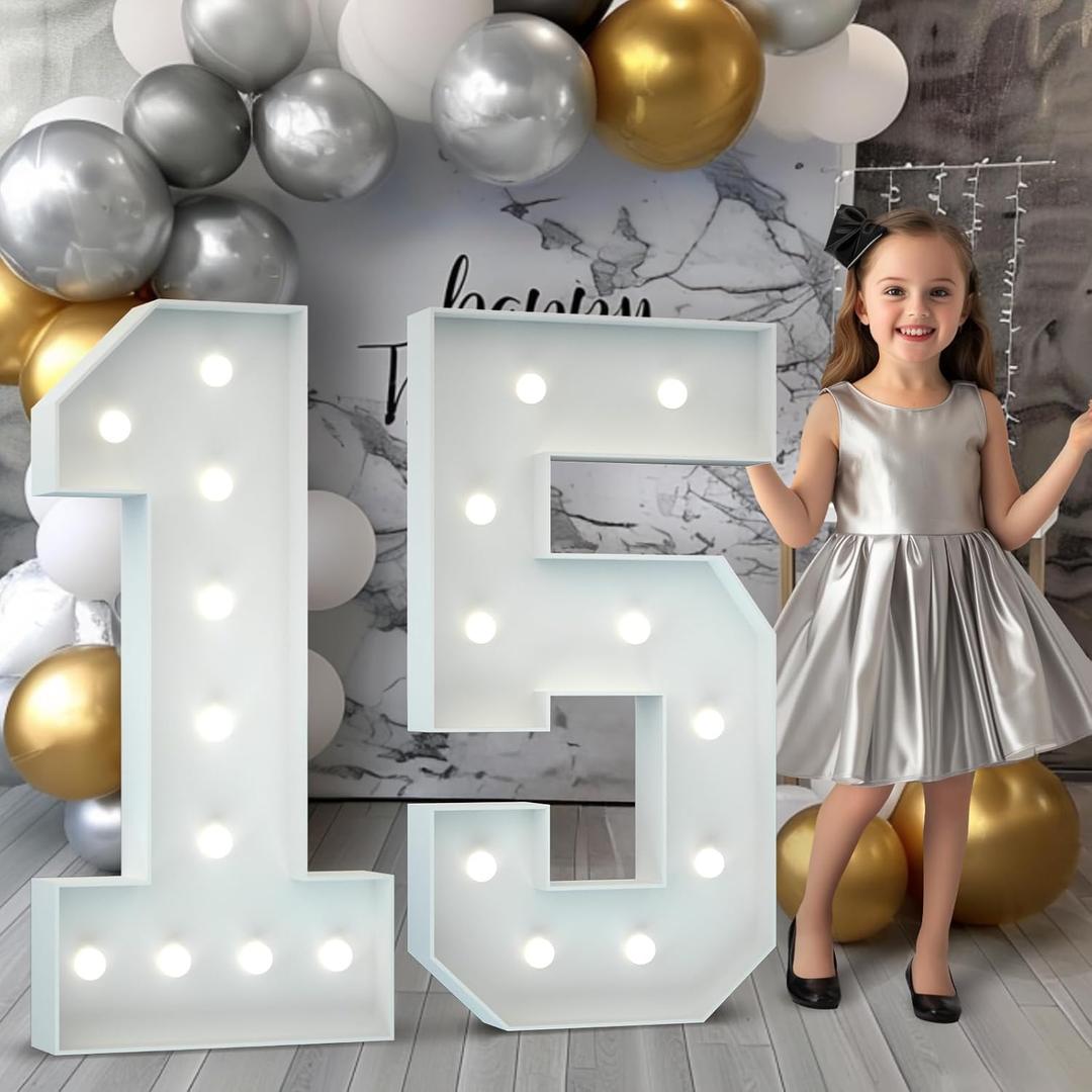 Marquee Numbers 4 Feet Tall: Large 15th Birthday Decorations Sign for Her Him 4FT Light Up Numbers White Anniversary Party Decor Big Backdrop Foam Cardboard Balloon Number 15